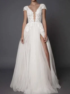Robe de mariée bohémien ivoire en tulle col V plongeant dos nu jupe fendue robe de mariage