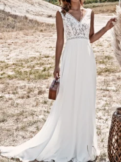 Robe de mariée boho col V top en dentelle jupe en chiffon au sol