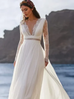 Robe de mariée Boho ivoire robe de mariée à la plage col v manche longue en dentelle au sol