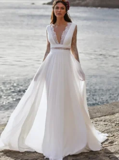 Robe de mariée Boho ivoire robe de mariée à la plage col v manche longue en dentelle au sol
