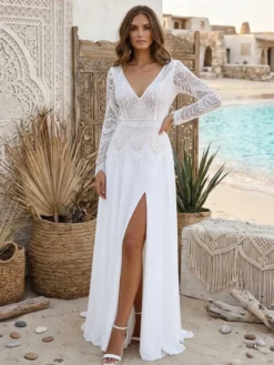 Robe de mariée civile deux pièces en mousseline col en V avec traîne fermeture éclair manches longues style bohème
