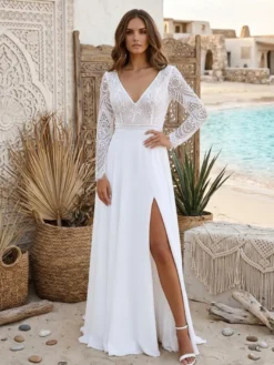 Robe de mariée civile deux pièces en mousseline col en V avec traîne fermeture éclair manches longues style bohème