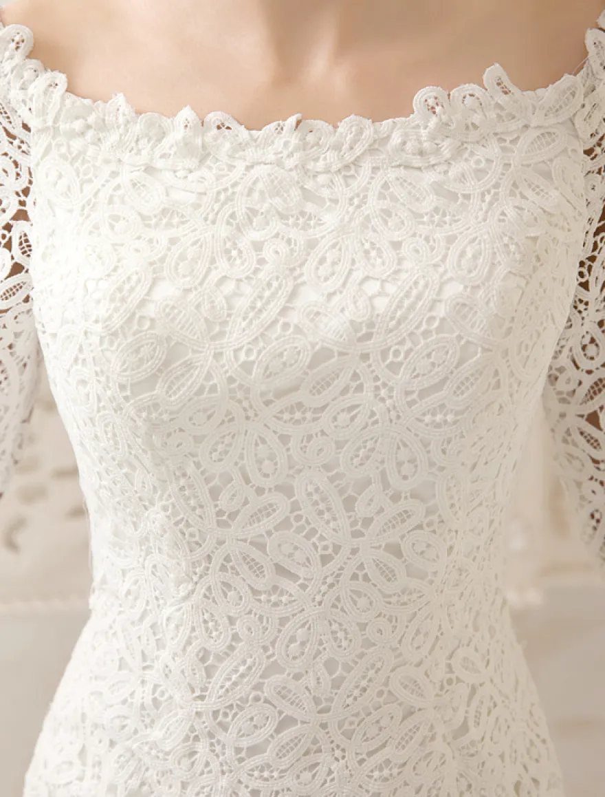 Robe de mariée courte col bateau manche longue zip sur dos en dentelle