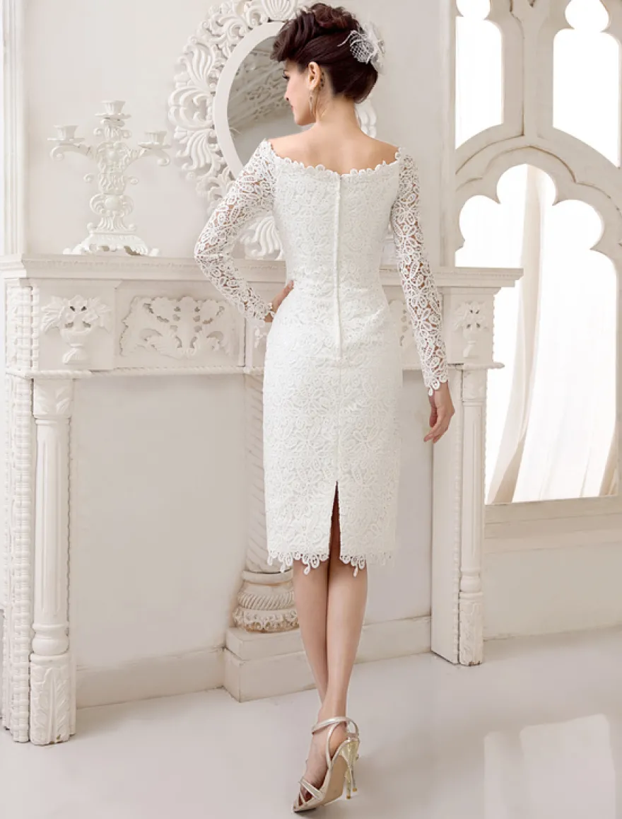 Robe de mariée courte col bateau manche longue zip sur dos en dentelle