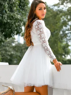 Robe de mariée courte 2026 col bijou manches longues A-ligne dentelle robes de mariée courtes personnalisation gratuite