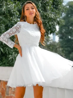 Robe de mariée courte 2026 col bijou manches longues A-ligne dentelle robes de mariée courtes personnalisation gratuite
