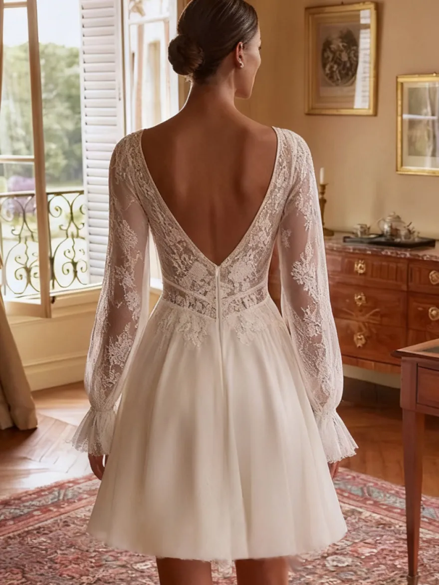 Robe de mariée courte à col en V et manches longues