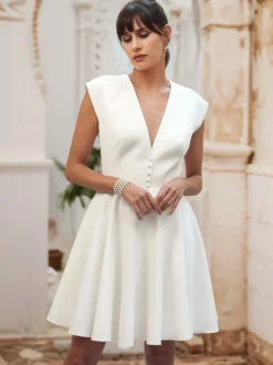 Robe de mariée courte col en v sans manches ligne a taille naturelle tissu satiné