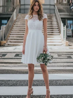 Robe de mariée courte en dentelle col bateau manche courte dos v décoré des boutons