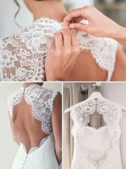 Robe de mariée courte en dentelle col en coeur sans manche au dessus de genou