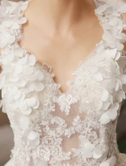 Robe de mariée courte robe de mariage tissu de pailletes décoré des fleur col v dos nu au genou