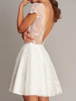 Robe de mariée courte robe de mariage Top col rond manche courte décolleté jupe courte