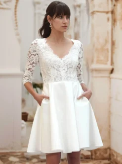 Robe de mariée courte Robe de mariée civil col V demi manche boutonné sur dos longuer au dessus de genou