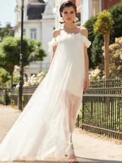 Robe de mariée courte trapèze col bateau sans manches motif floral
