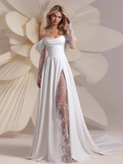 Robe de mariée dentelle Ivoire Cou original manches longues détail zip Robes de mariée