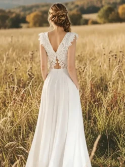 Robe de mariée deux pièces en dentelle à col en V longue jusqu'au sol sans manches fermeture éclair.