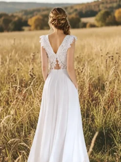 Robe de mariée deux pièces en dentelle à col en V longue jusqu'au sol sans manches fermeture éclair.