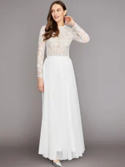 Robe de mariée deux pièces en dentelle avec col bijou et coupe trapèze longueur cheville fermeture éclair manches longues ivoire