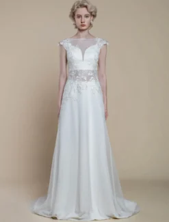 Robe de mariée deux pièces en dentelle décolleté illusion fourreau avec traîne fermeture éclair manches courtes longueur 30 cm ivoire