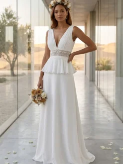 Robe de mariée deux pièces en dentelle col en V traîne boutons fonctionnels sans manches longue