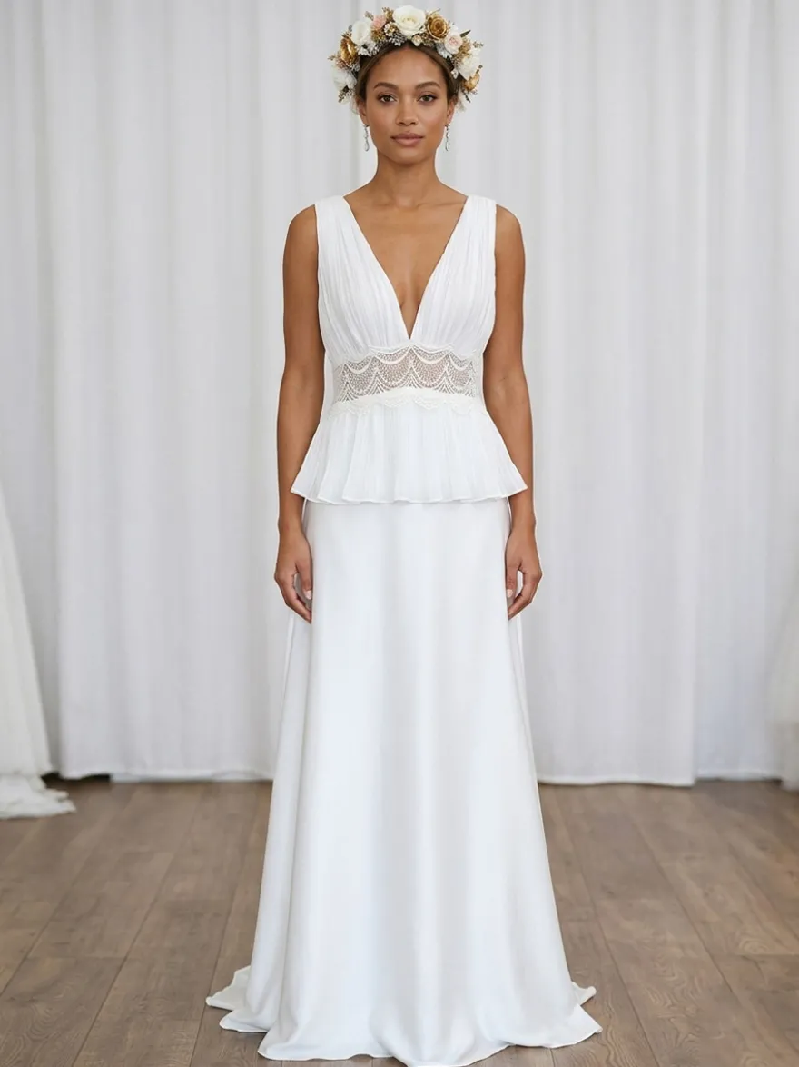 Robe de mariée deux pièces en dentelle col en V traîne boutons fonctionnels sans manches longue