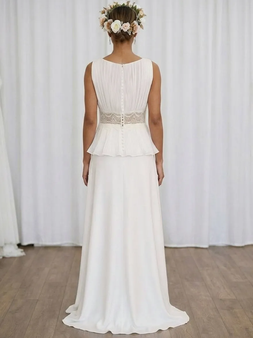 Robe de mariée deux pièces en dentelle col en V traîne boutons fonctionnels sans manches longue