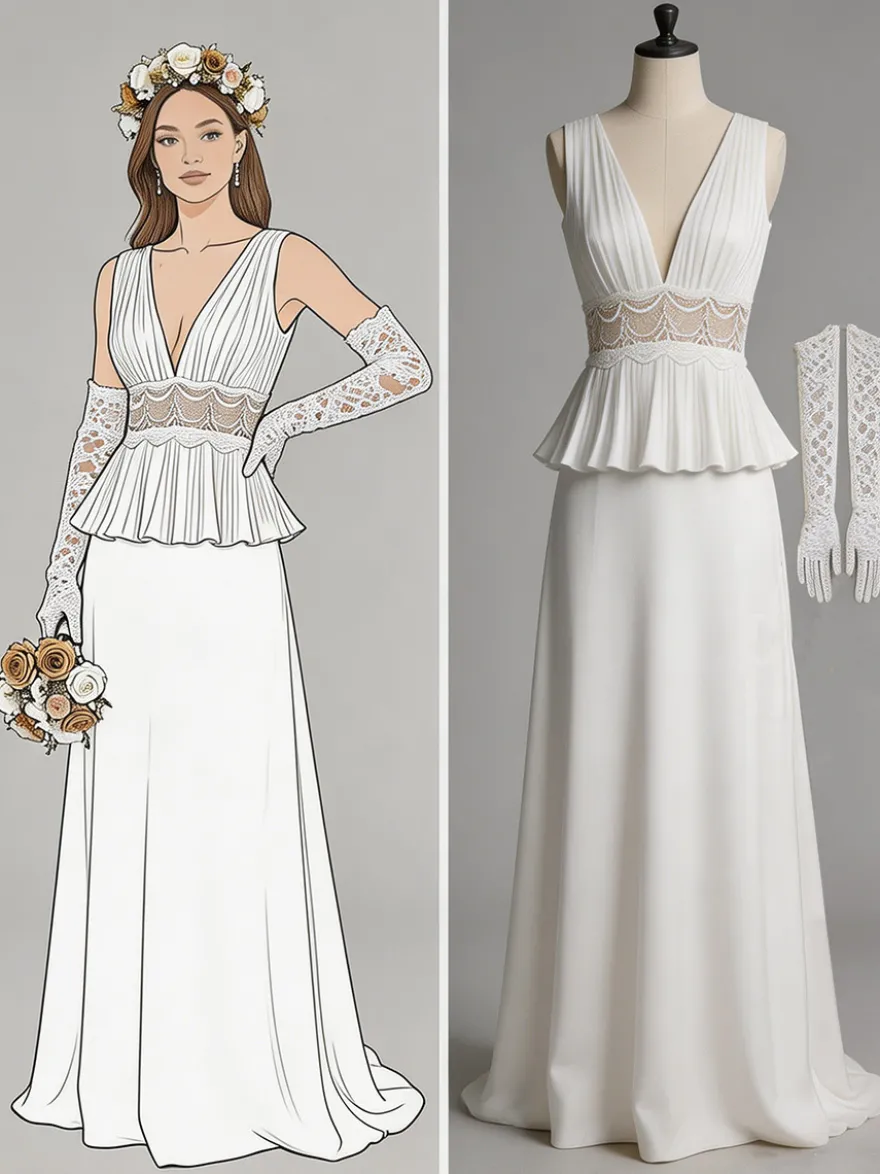 Robe de mariée deux pièces en dentelle col en V traîne boutons fonctionnels sans manches longue