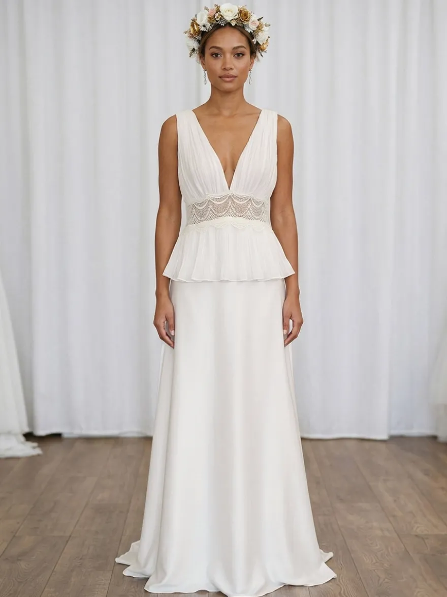 Robe de mariée deux pièces en dentelle col en V traîne boutons fonctionnels sans manches longue