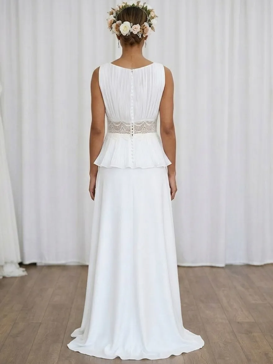 Robe de mariée deux pièces en dentelle col en V traîne boutons fonctionnels sans manches longue
