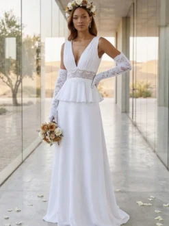 Robe de mariée deux pièces en dentelle col en V traîne boutons fonctionnels sans manches longue