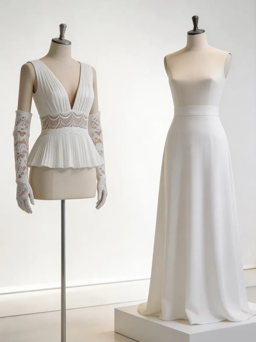 Robe de mariée deux pièces en dentelle col en V traîne boutons fonctionnels sans manches longue