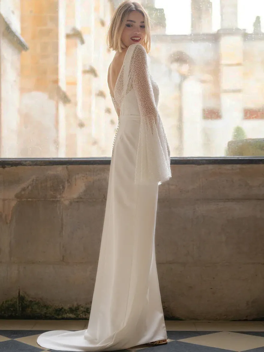 Robe de mariée deux pièces en satin en dentelle décolleté robe de bal avec traîne boutons fonctionnels manches longues longueur 30 cm ivoire