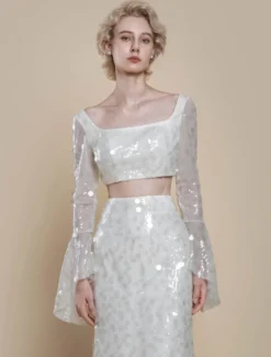 Robe de mariée deux pièces à paillettes col carré sirène avec traîne fermeture éclair manches longues longue ivoire