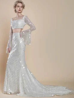 Robe de mariée deux pièces à paillettes col carré sirène avec traîne fermeture éclair manches longues longue ivoire