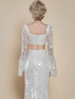 Robe de mariée deux pièces à paillettes col carré sirène avec traîne fermeture éclair manches longues longue ivoire
