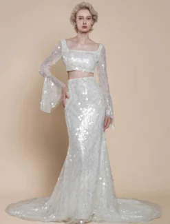Robe de mariée deux pièces à paillettes col carré sirène avec traîne fermeture éclair manches longues longue ivoire