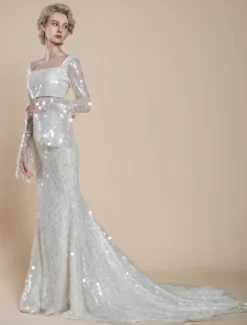 Robe de mariée deux pièces à paillettes col carré sirène avec traîne fermeture éclair manches longues longue ivoire