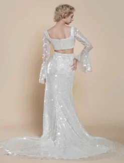 Robe de mariée deux pièces à paillettes col carré sirène avec traîne fermeture éclair manches longues longue ivoire