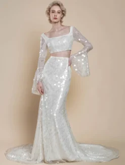 Robe de mariée deux pièces à paillettes col carré sirène avec traîne fermeture éclair manches longues longue ivoire