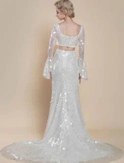 Robe de mariée deux pièces à paillettes col carré sirène avec traîne fermeture éclair manches longues longue ivoire