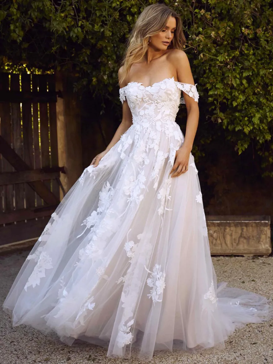 Robe de mariée en dentelle blanche hors de l'épaule à traîne Robe de mariage