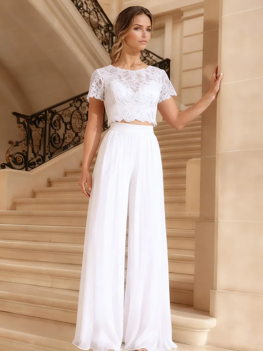 Robe de mariée haut-pantalon tenue de mairée 3 pièces en dentelle et mousseline col rond manche courte zip sur dos
