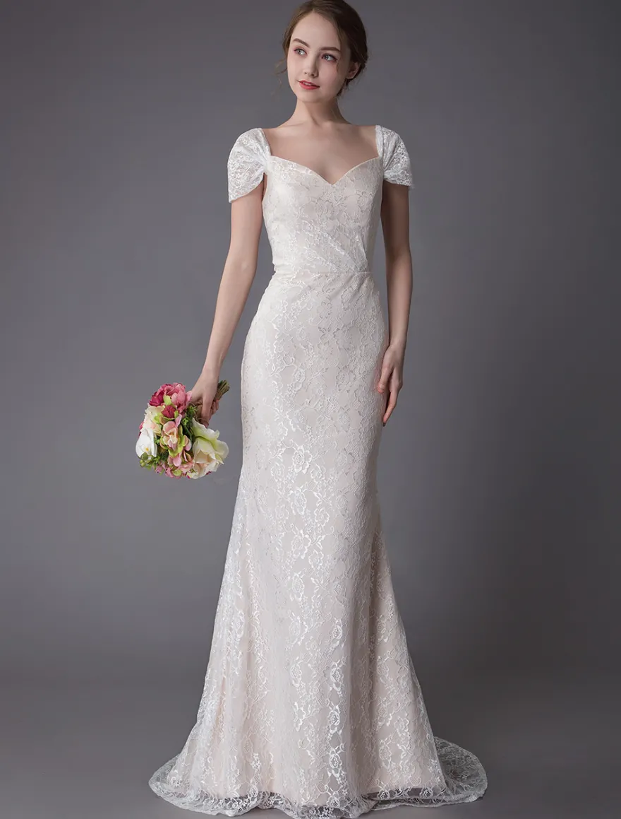 Robe de mariée ivoire en dentelle col en coeur manche courte zip sur dos Robe de mariage