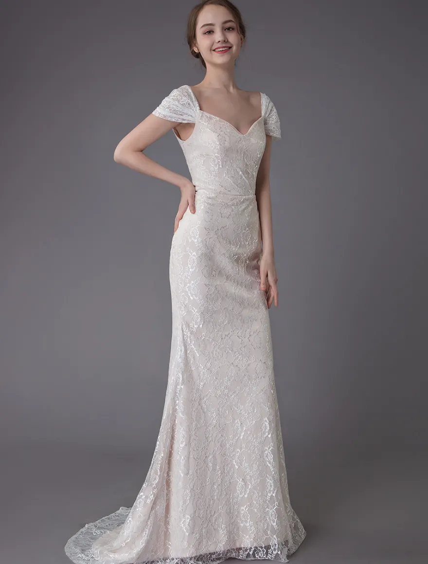 Robe de mariée ivoire en dentelle col en coeur manche courte zip sur dos Robe de mariage