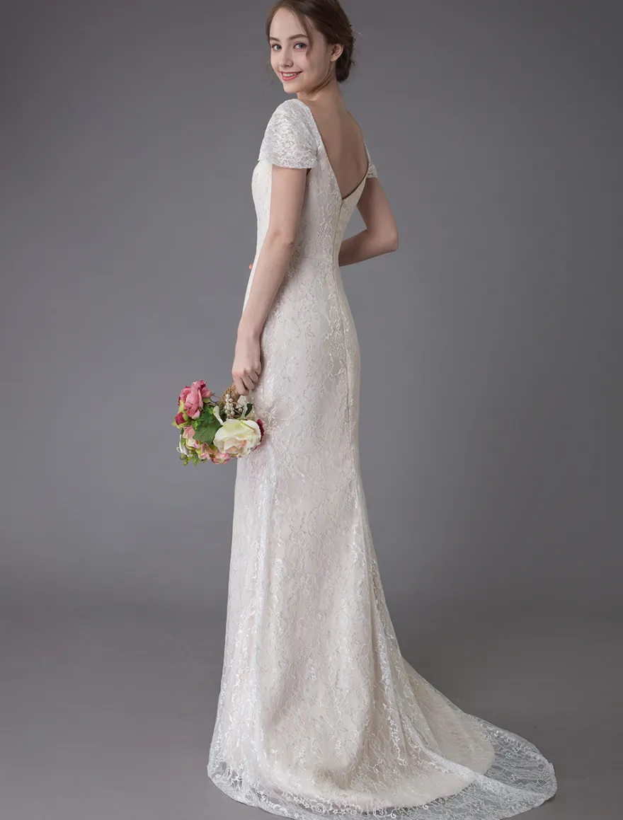 Robe de mariée ivoire en dentelle col en coeur manche courte zip sur dos Robe de mariage