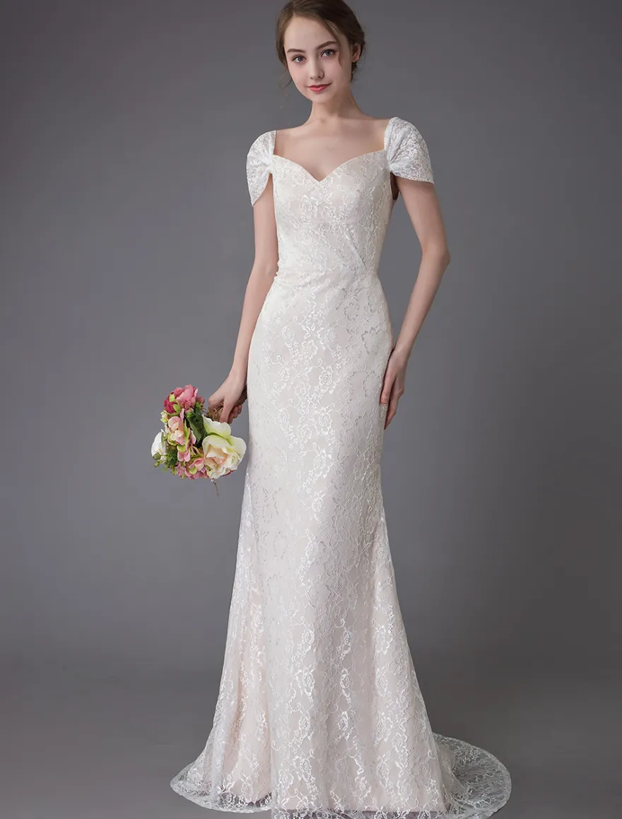 Robe de mariée ivoire en dentelle col en coeur manche courte zip sur dos Robe de mariage