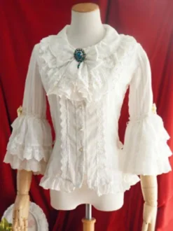 Robe de mariée Lolita Blouses Lolita Haut Lolita Volants Arcs Manches 3/4 Blouse Rayures Chemise Lolita Blanche Ecru