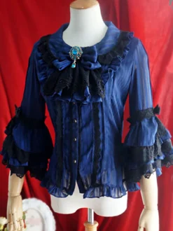 Robe de mariée Lolita Blouses Lolita Haut Lolita Volants Arcs Manches 3/4 Blouse Rayures Chemise Lolita Blanche Ecru