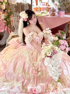 Robe de mariée Lolita princesse fée sans bretelles longue jusqu'au sol à plusieurs couches de fleurs