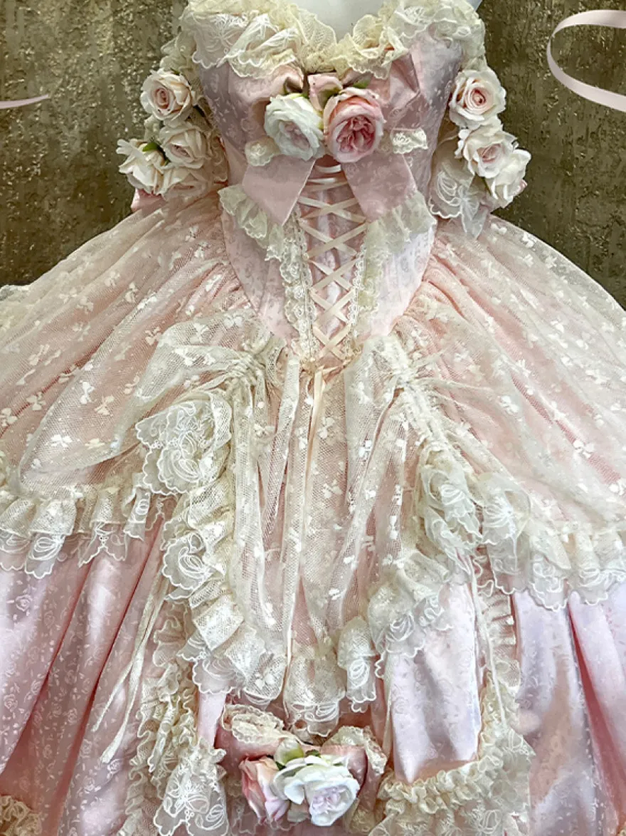 Robe de mariée Lolita princesse fée sans bretelles longue jusqu'au sol à plusieurs couches de fleurs